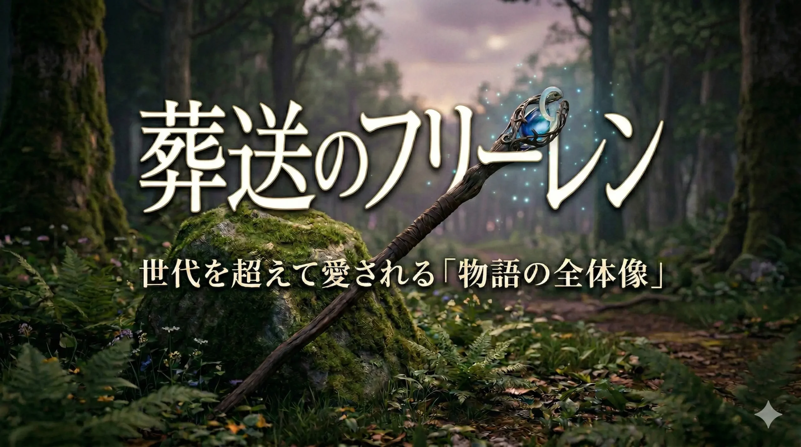 『葬送のフリーレン』初心者向け解説記事のアイキャッチ画像。森の中の魔法の杖を背景に「葬送のフリーレン 世代を超えて愛される『物語の全体像』」というタイトルロゴ。