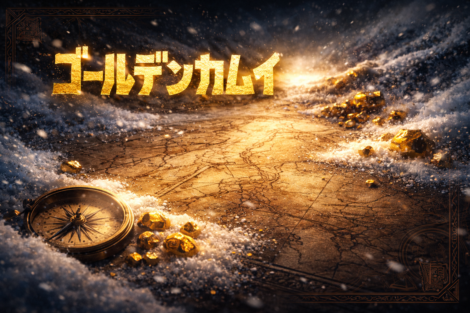 雪と古地図と金の輝きで『ゴールデンカムイ』の冒険と探索の雰囲気を表現したアイキャッチ