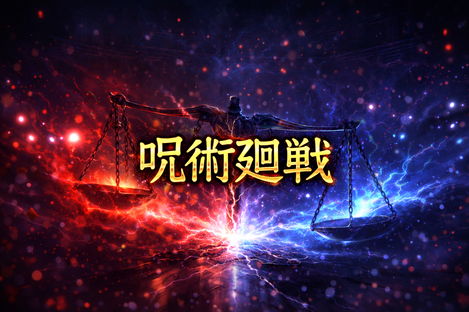 割れた天秤と赤青の衝突で死滅回游の均衡崩壊を表現した呪術廻戦アイキャッチ