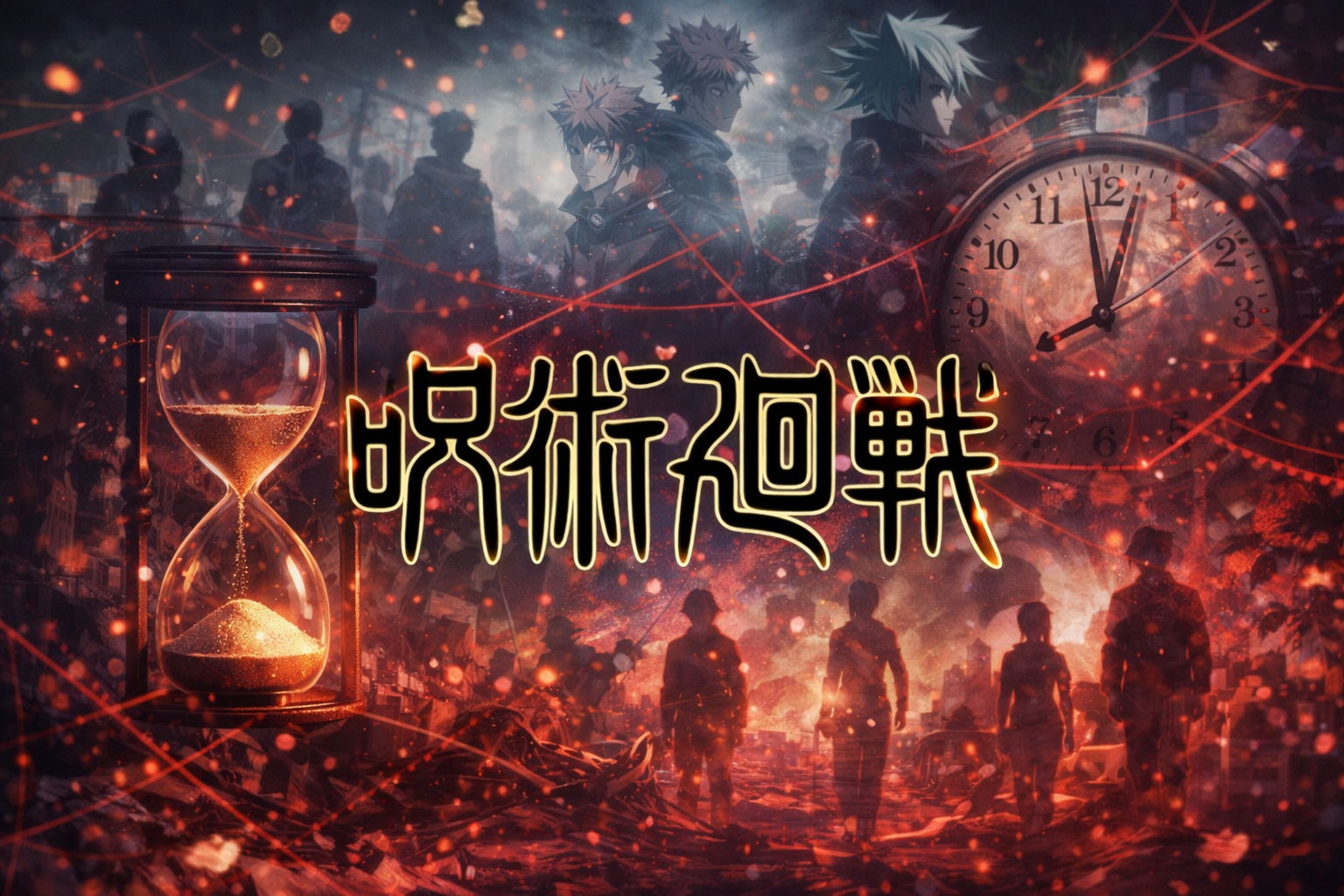 呪術廻戦「死滅回游 前編」閑話（総集編）のイメージ。時計と砂時計、崩壊した都市に呪力の光が走るダークなビジュアル。