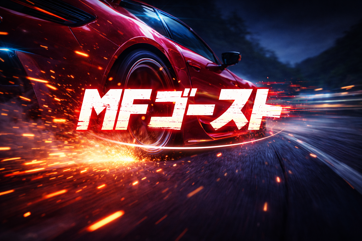 夜の峠で赤いスポーツカーがドリフトし火花を散らすMFゴーストのイメージアイキャッチ