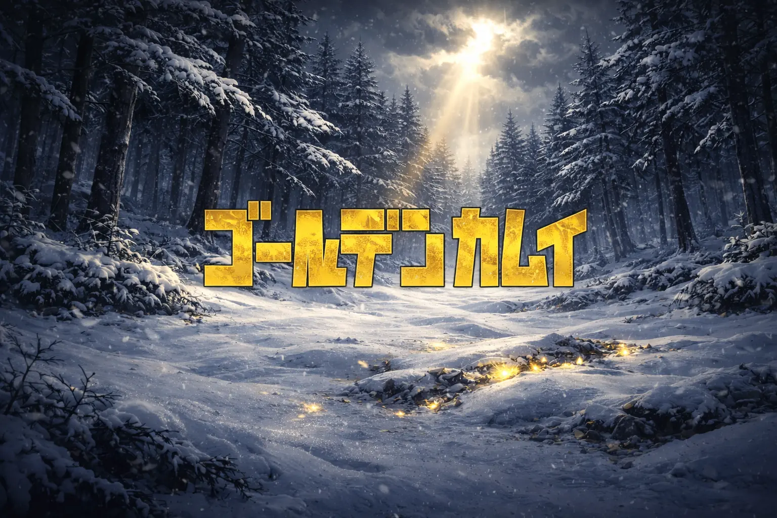 雪原と金色の光で神聖さと争奪戦の緊張感を表現した、ゴールデンカムイ最終章イメージのアイキャッチ