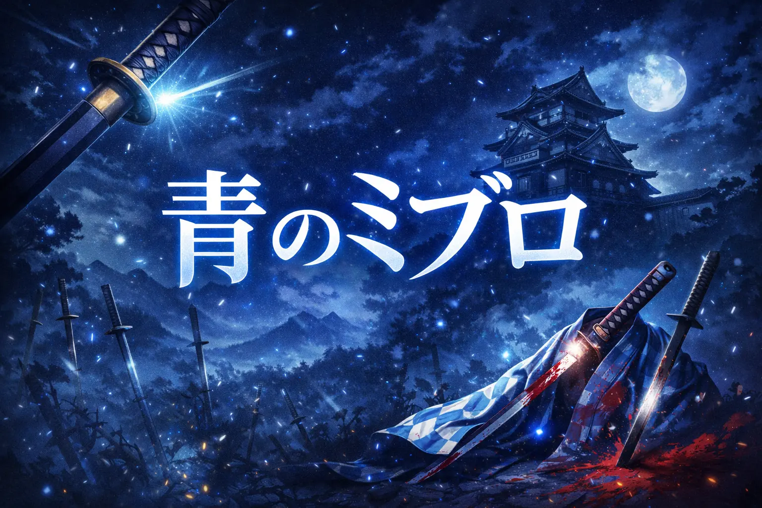 月夜の城と刀の構図で青のミブロの剣戟と緊張感を表現したアイキャッチ