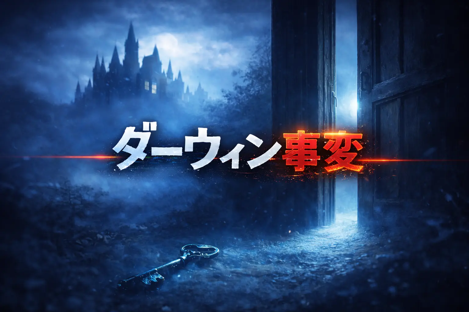 霧に包まれた城と半開きの扉、鍵のモチーフで第9話「青髭の城にて」の不穏さを表現したダーウィン事変アイキャッチ