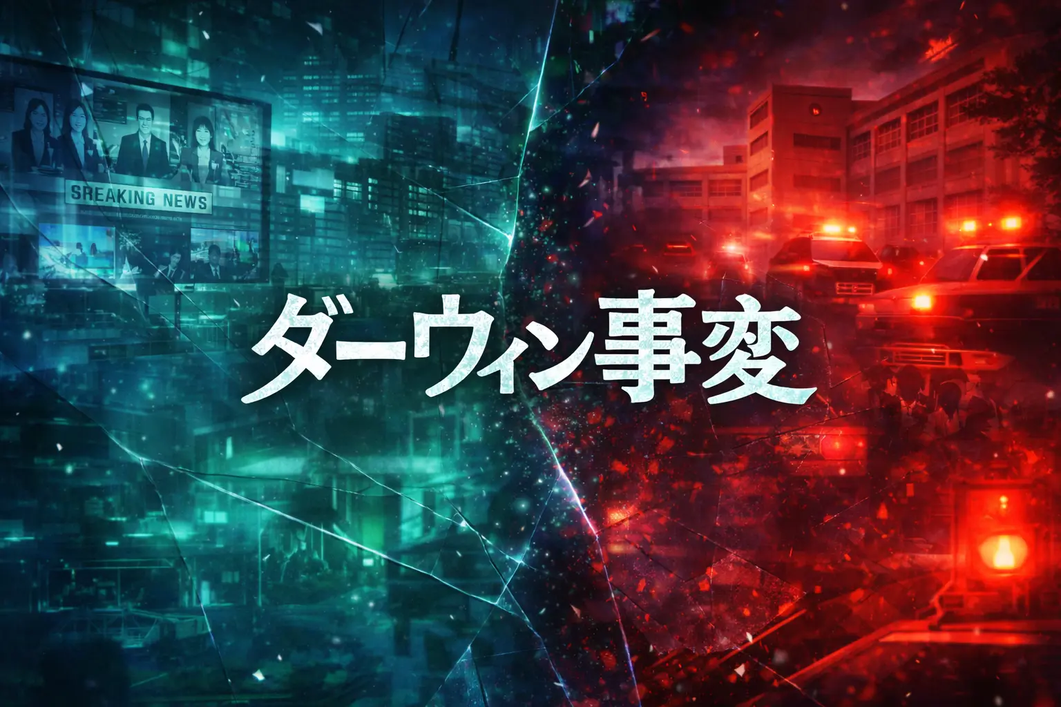 青と緑を基調にした都市と校舎、ニュース画面や警告灯の光で社会の緊張感を表現した『ダーウィン事変』第13話記事用アイキャッチ