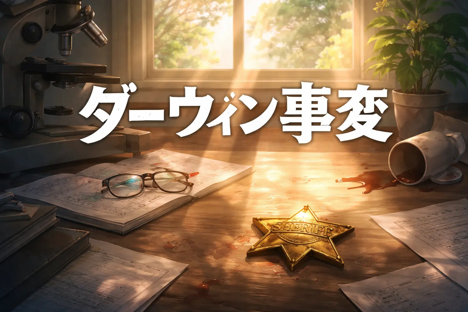 春の研究所の窓から光が差し込み、机の上の保安官バッジが静かに置かれたダーウィン事変の記事用アイキャッチ。