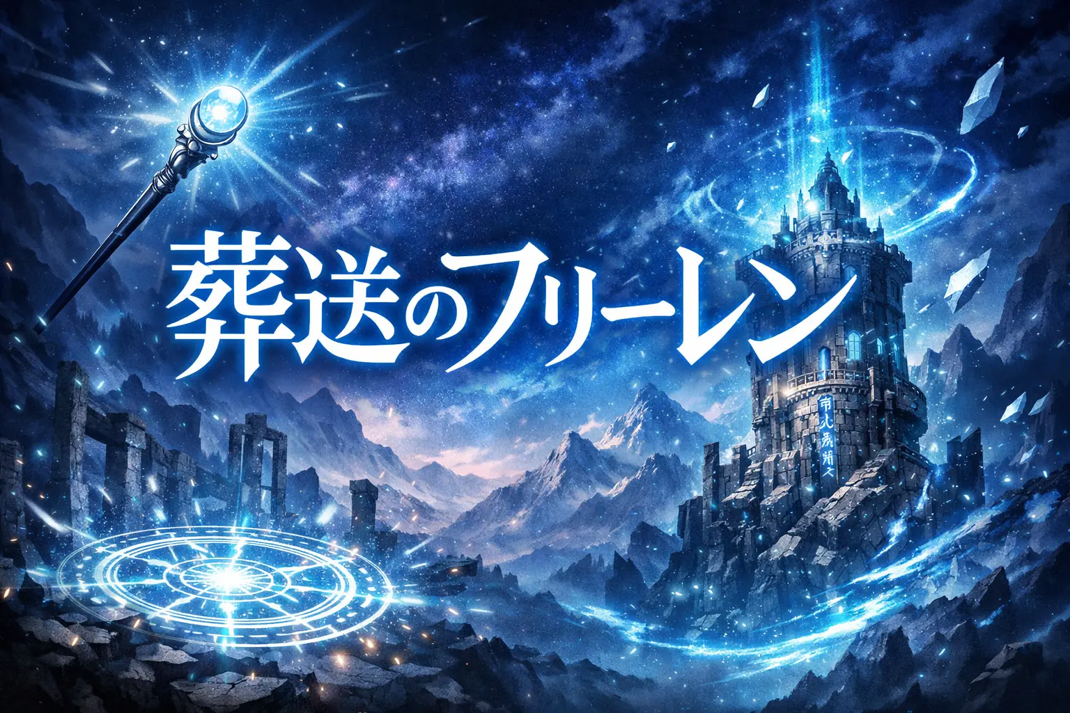 葬送のフリーレンで始まるレヴォルテとの戦いをイメージした魔法遺跡と魔法陣のアイキャッチ