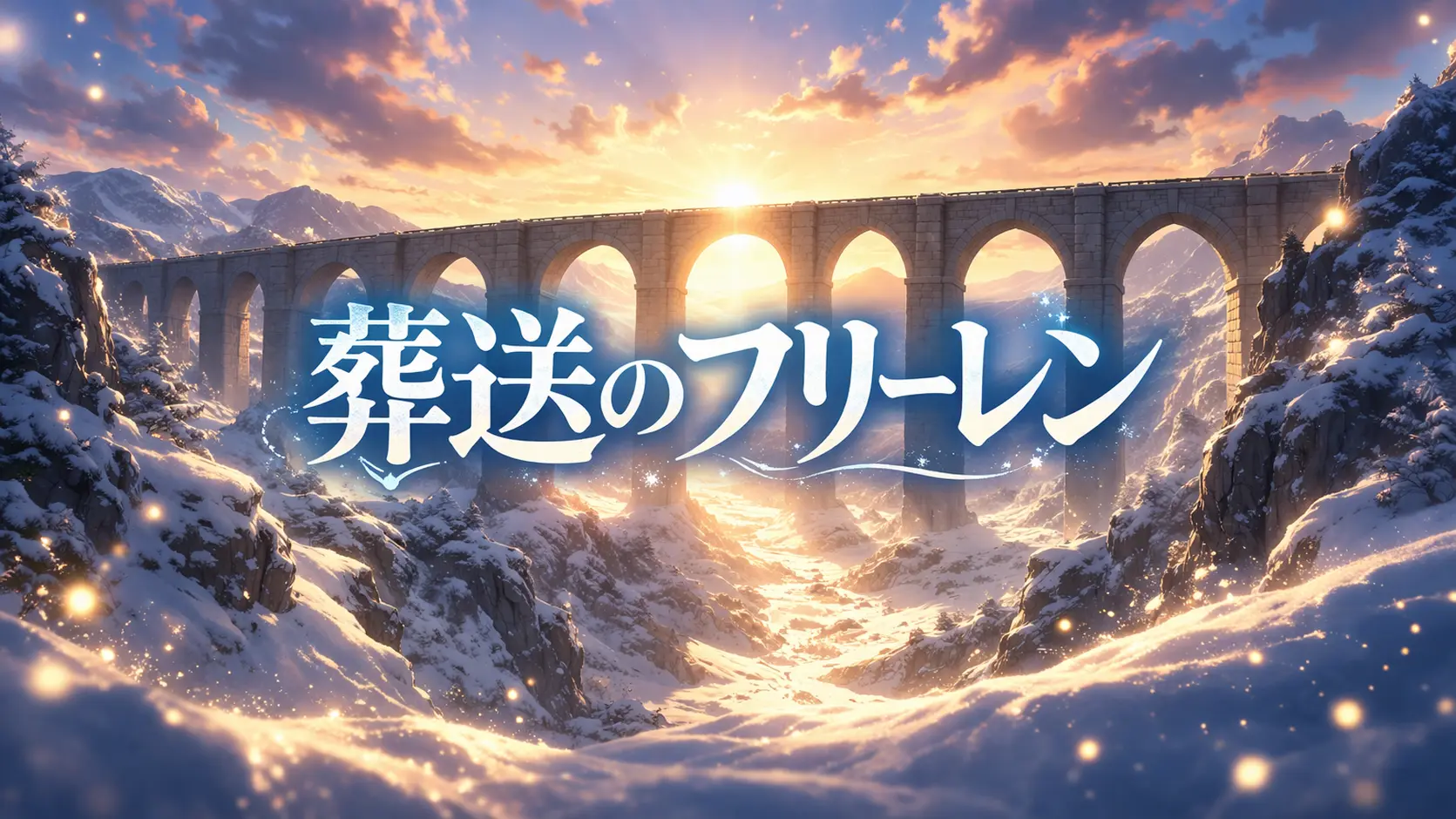 朝焼けに照らされた巨大な石橋と雪原を描いた、第38話「美しい光景」向けの雰囲気重視アイキャッチ