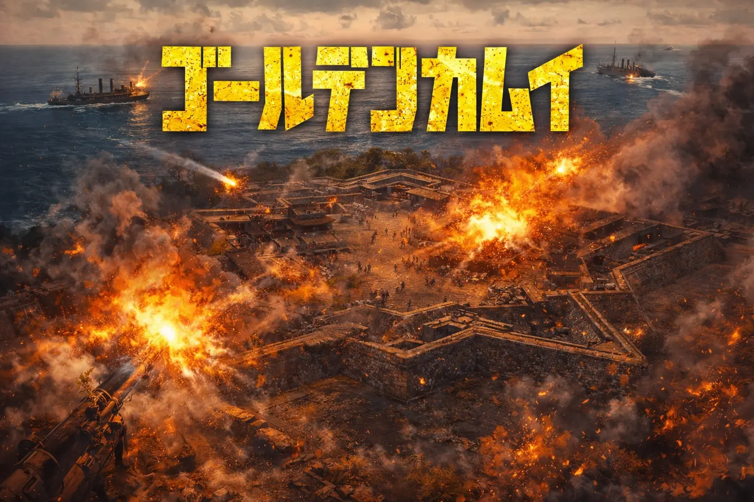 五稜郭を俯瞰で捉え、奥の海に戦艦が見え、砲撃が着弾するゴールデンカムイ風アイキャッチ