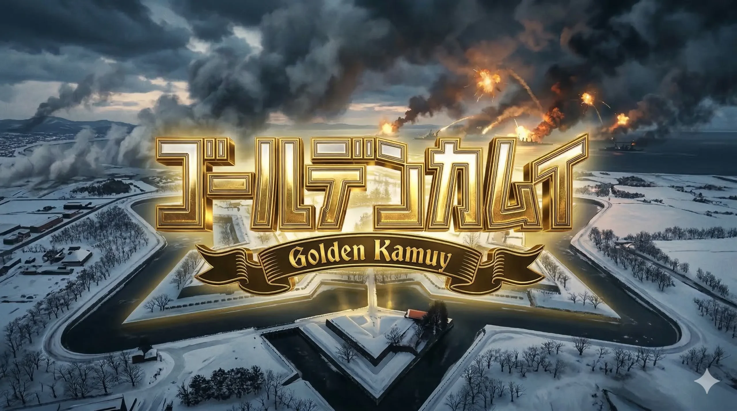 ゴールデンカムイ最終章第60話「五稜郭攻囲戦」の舞台となる、艦砲射撃に包まれる夜の五稜郭のイメージ画像