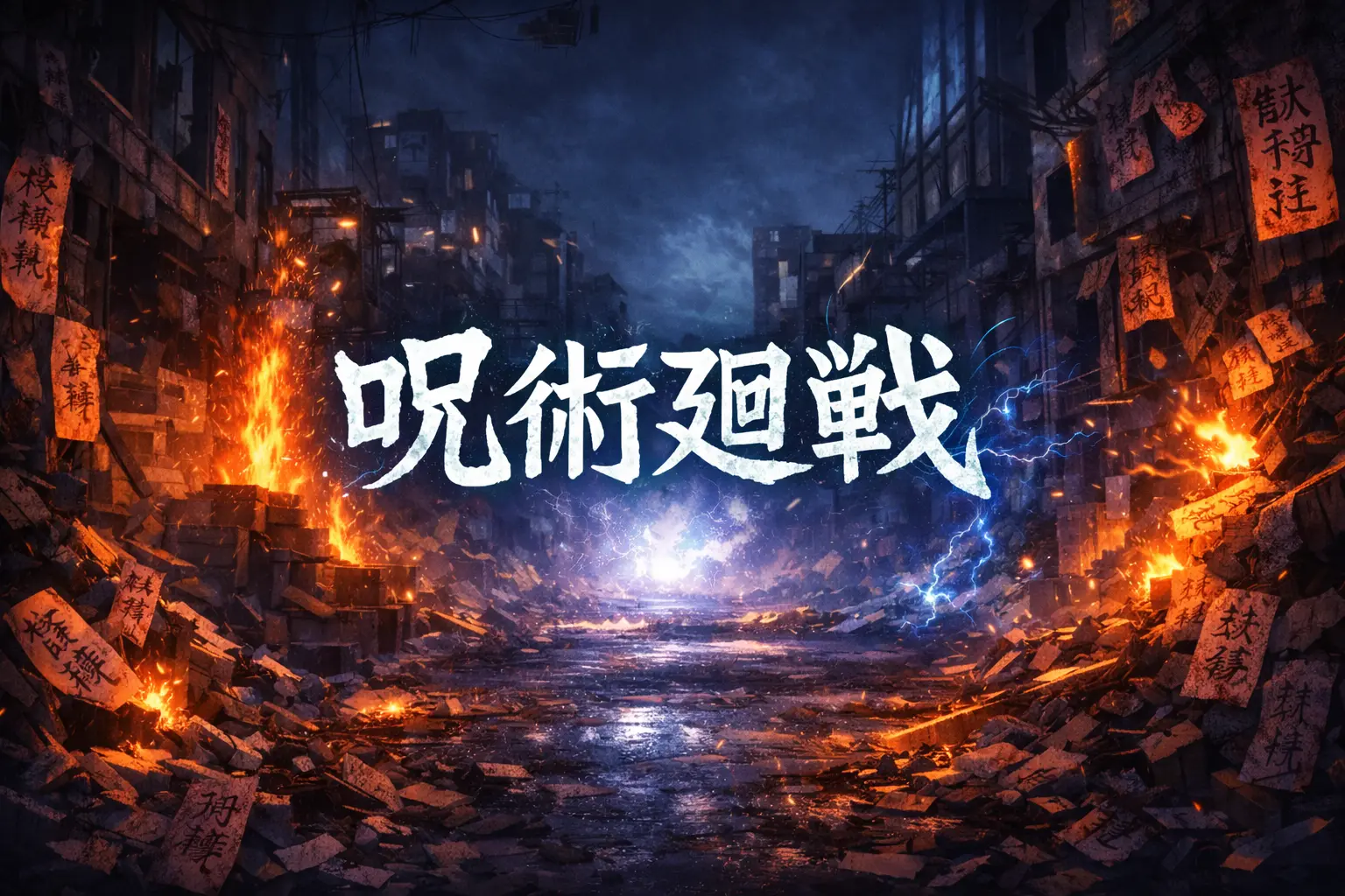 炎と青い光が交錯する崩壊都市を背景に、『呪術廻戦』のタイトルを中央に大きく配置