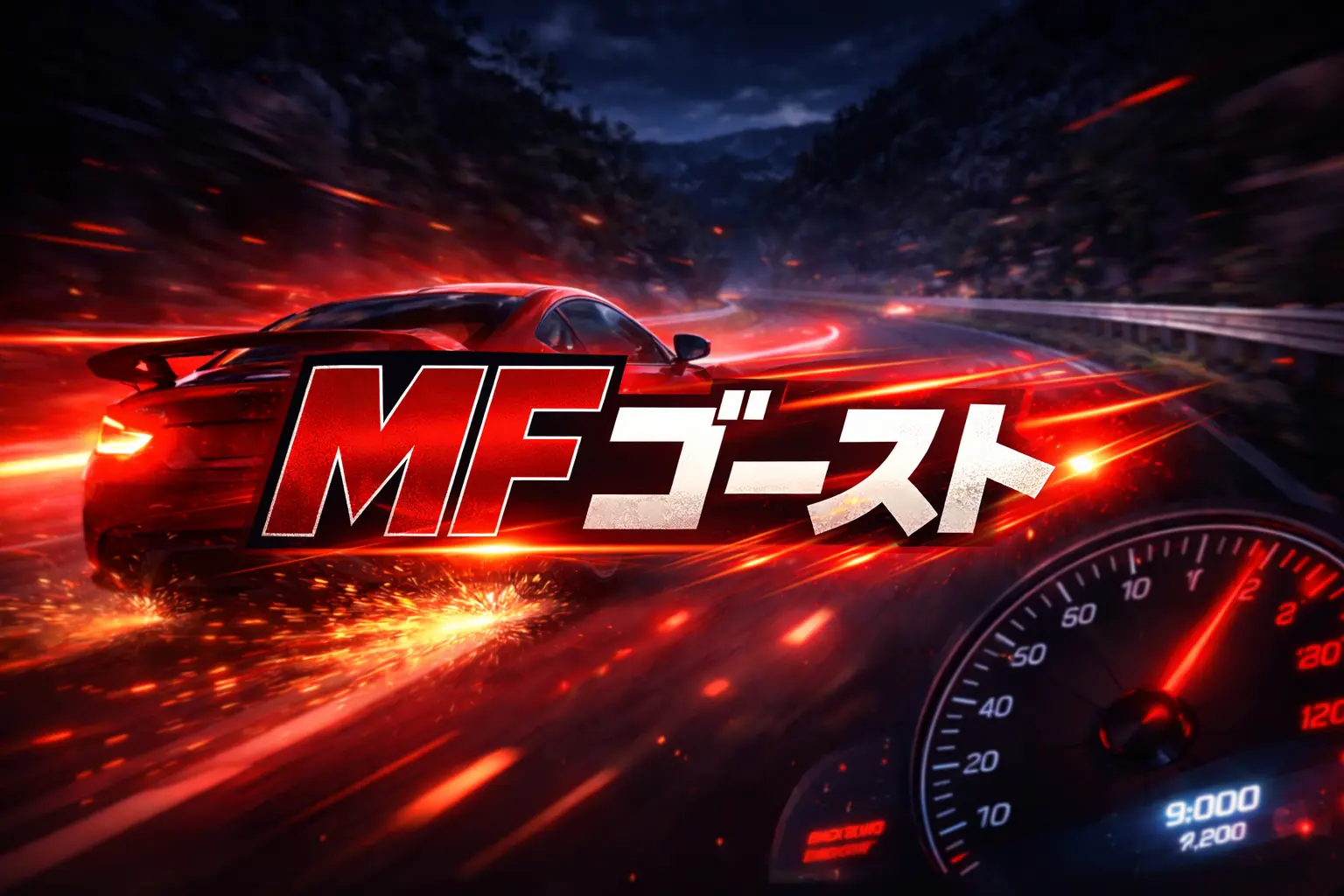 赤いスポーツカーが夜の峠を疾走するMFゴーストのアイキャッチ
