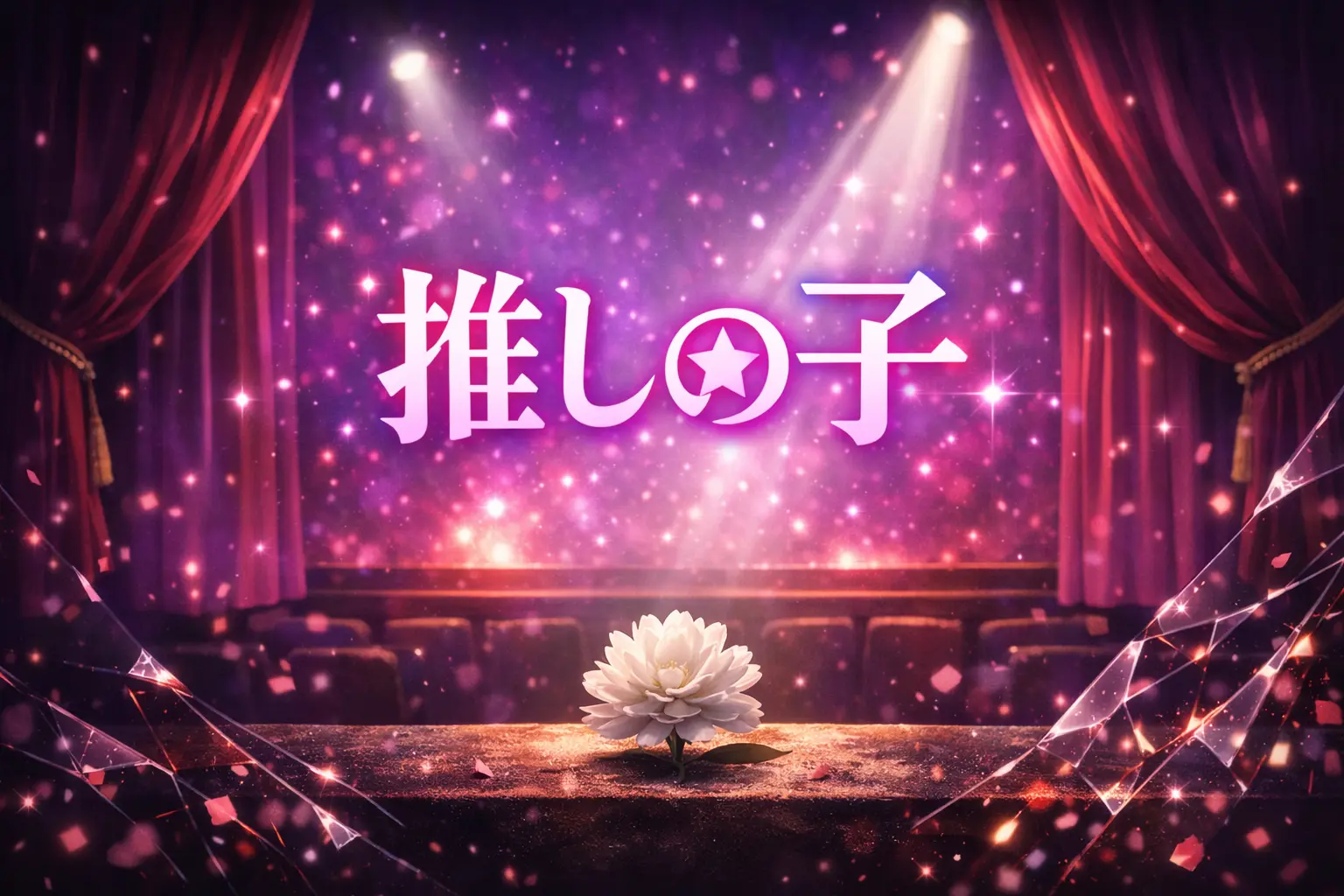 暗い劇場で幕が開きかけた舞台の前に白い花が一輪置かれ、ピンクと紫の光が広がる『推しの子』記事用アイキャッチ