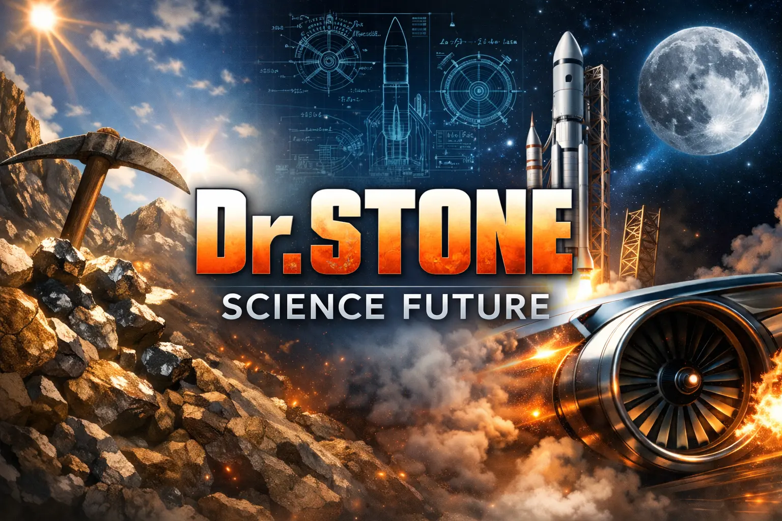 Dr.STONE SCIENCE FUTURE 第4期第3クール第1話をイメージした、鉱石採掘、月面ロケット、ジェットエンジンのアイキャッチ画像