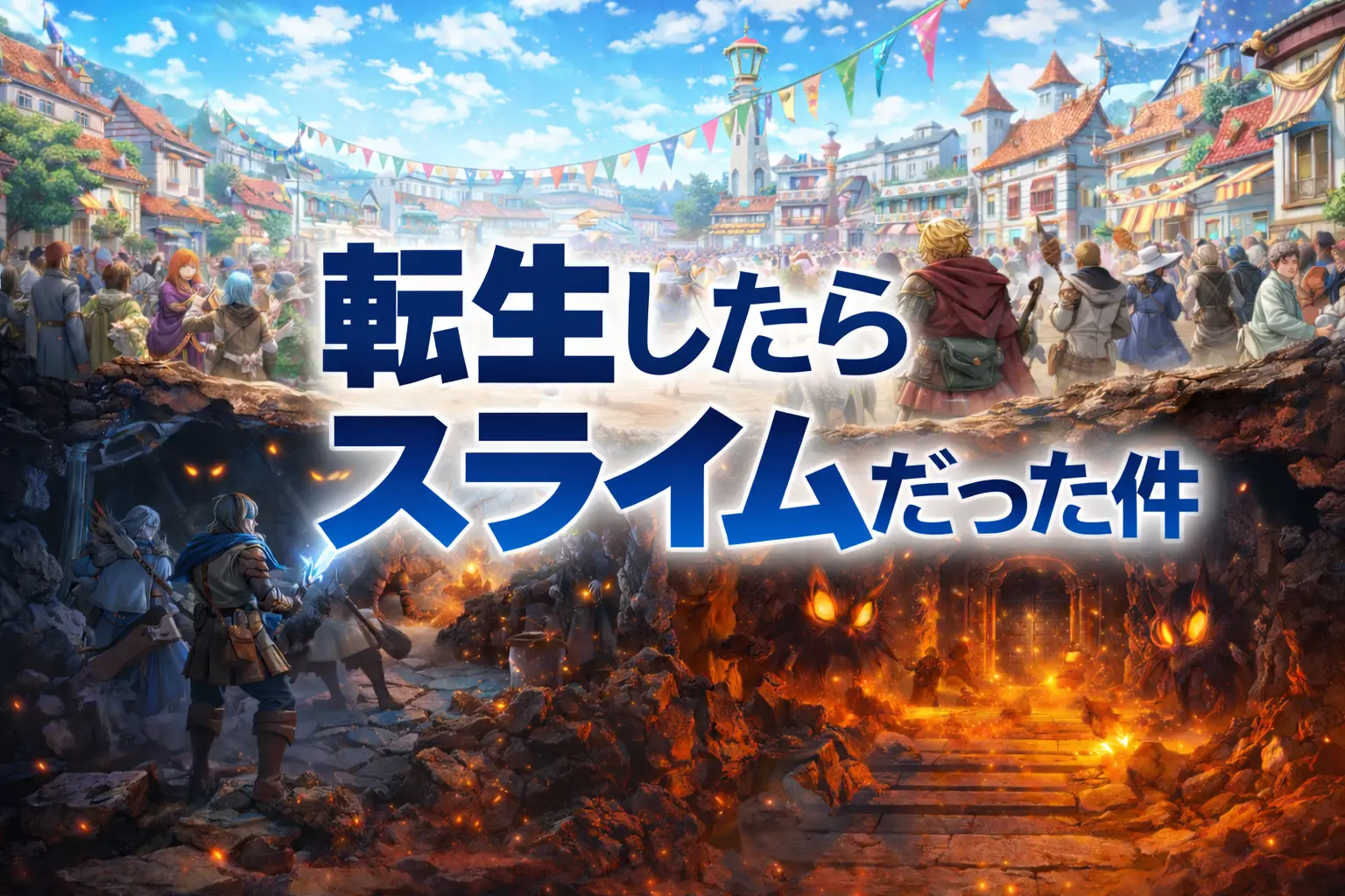 転生したらスライムだった件 第73話「新しい日々」をイメージした、にぎわうテンペストの街と異変を感じさせる地下迷宮のアイキャッチ画像