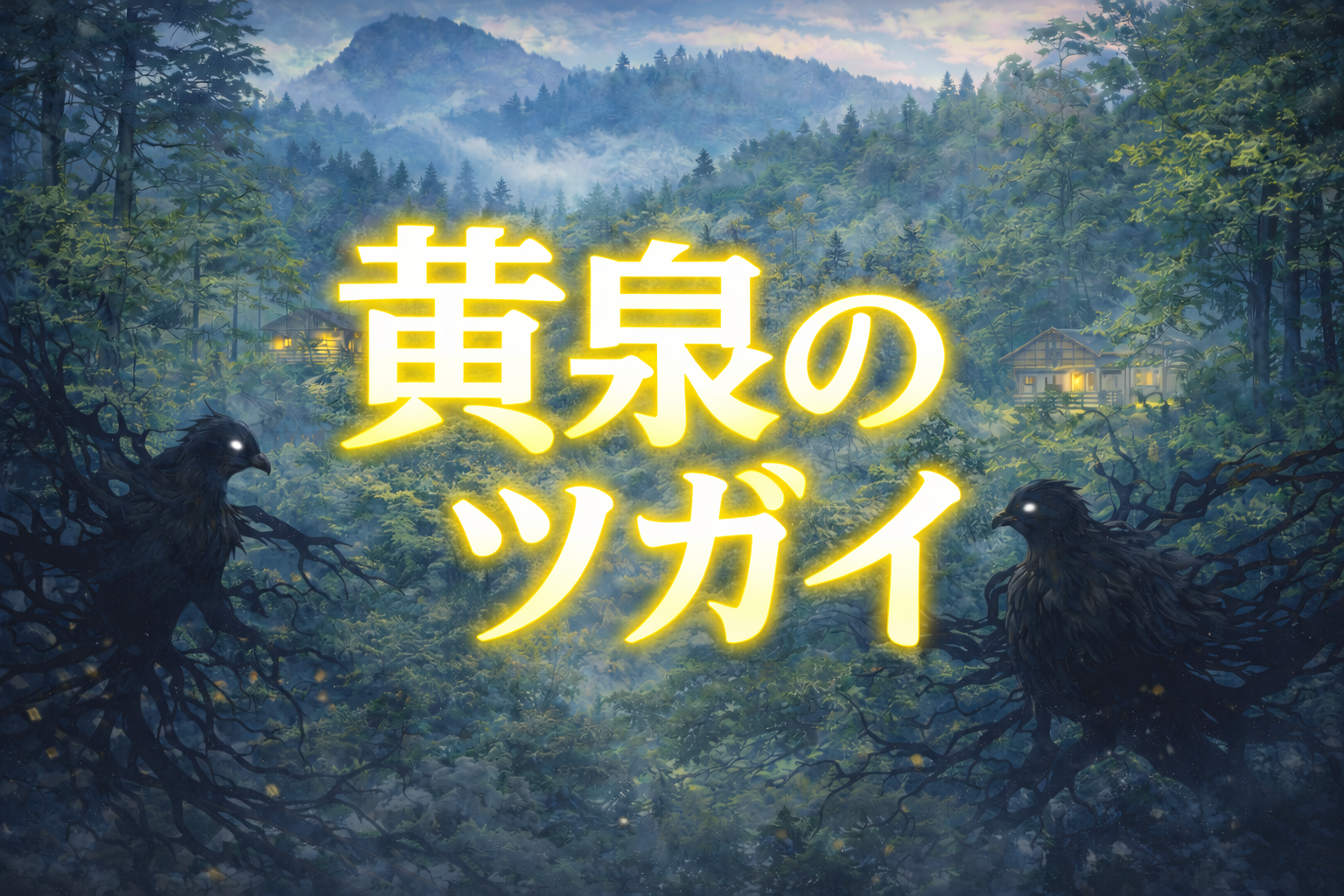 黄泉のツガイ 第1話「アサとユル」をイメージした、山奥の村と不穏な気配を表現したアイキャッチ画像