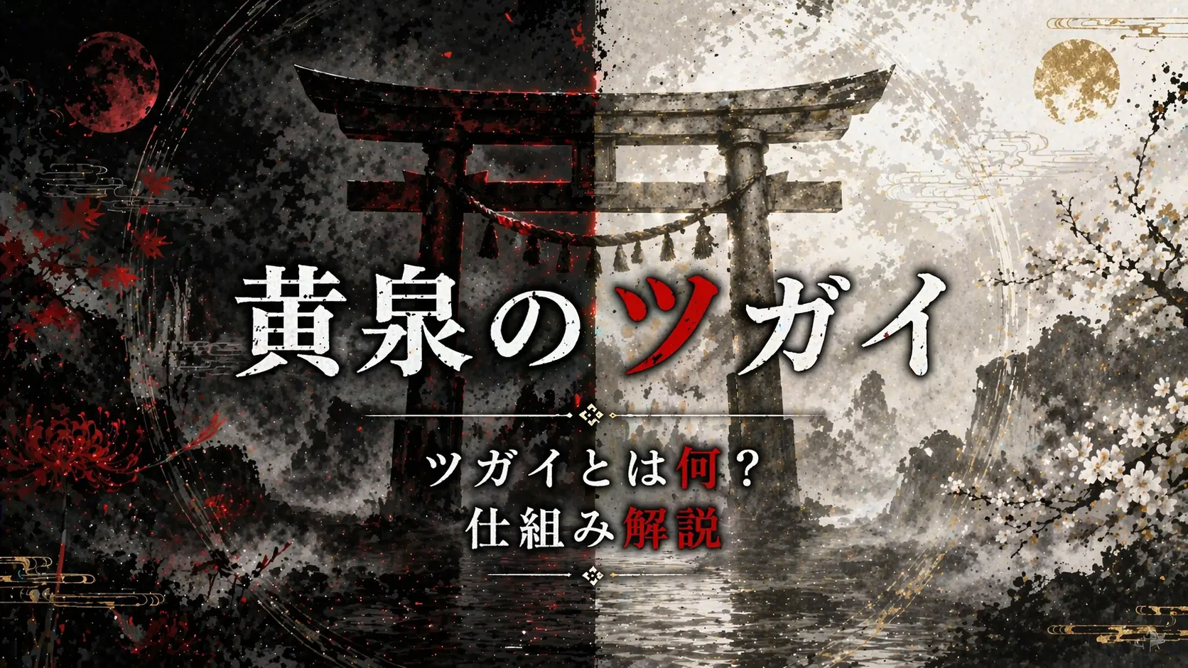黄泉のツガイにおけるツガイの関係性と仕組みを左右対称の和風抽象で表現したアイキャッチ